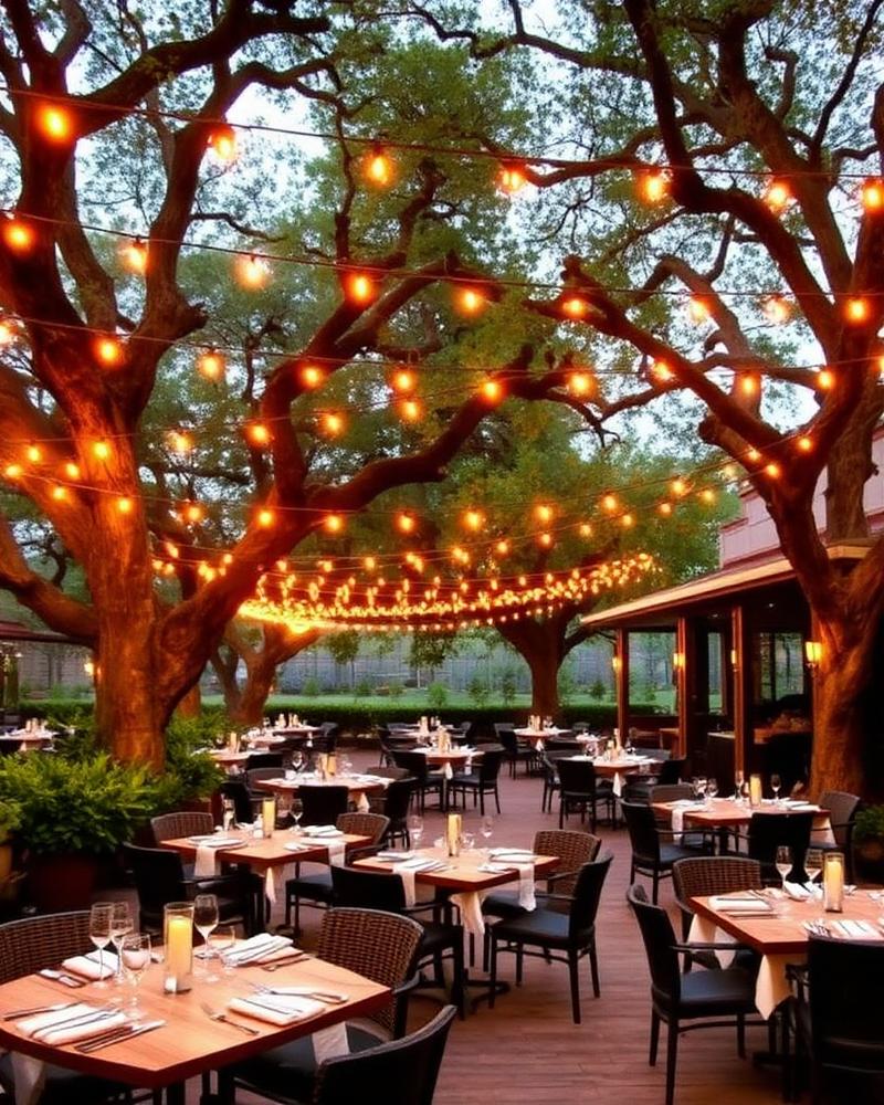 Oak Tree outdoor patio with string lights